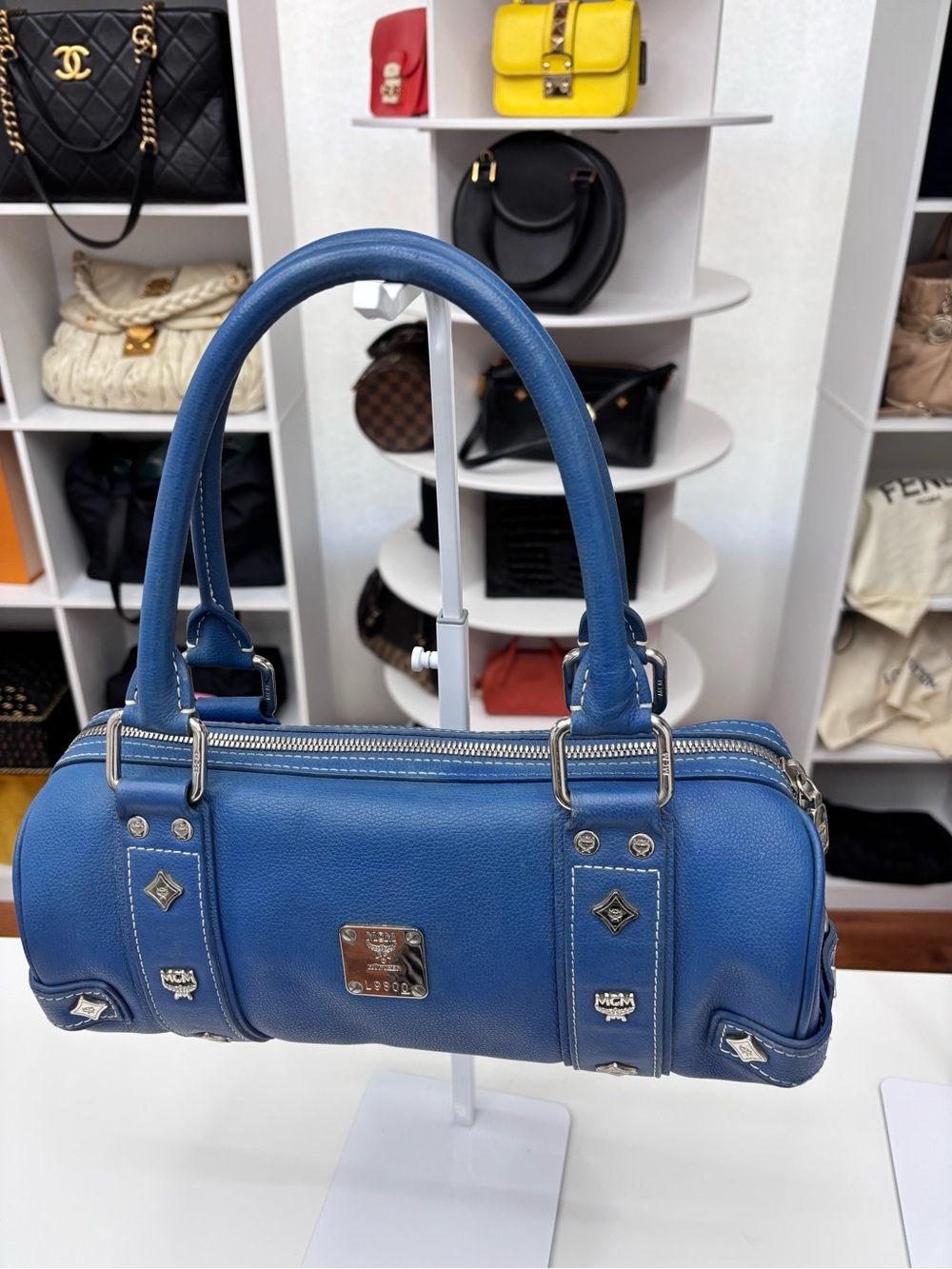 MCM Blue Leather Papillion Satchel with Silver Hardware